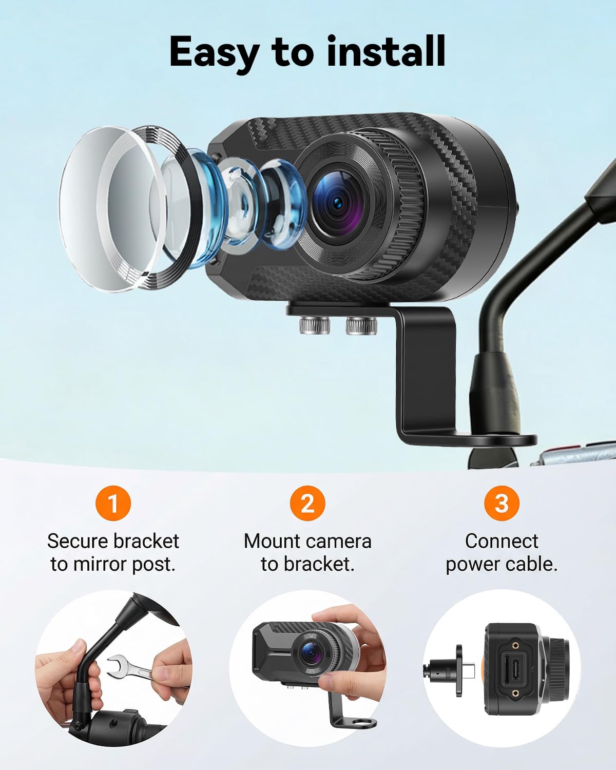 SIXWIN Kamera motocyklowa 1080P WiFi i aplikacją - kolorowa kamera noktowizyjna, wodoszczelność IP66, szeroki kąt 110°, nagrywanie w pętli motocyklowej
