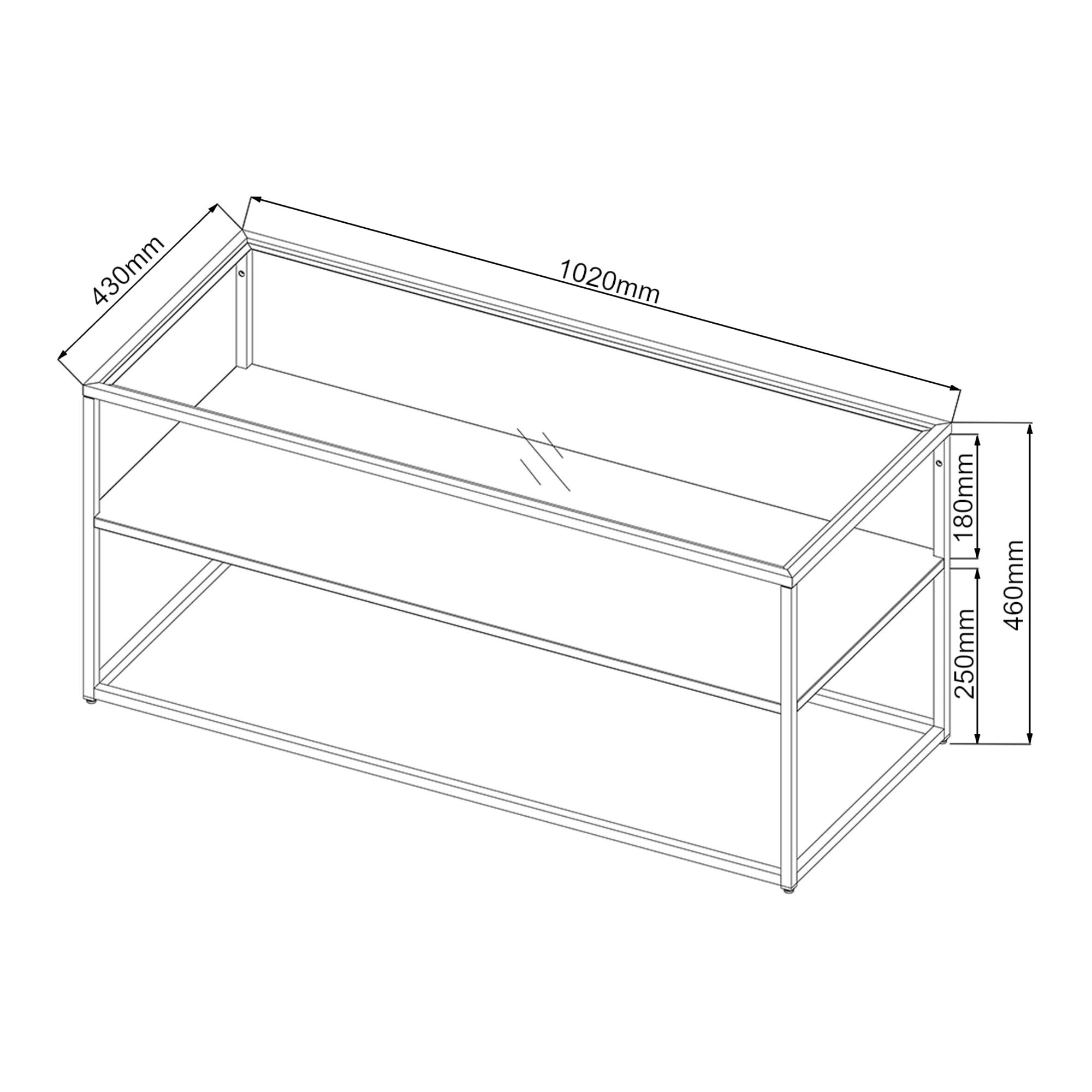 [en.casa] Mesa de Centro Solund Rectangular con 1 Estante Diseño Industrial Mesa Baja para Salón Sala de Espera Tablero de Cristal Templado Acero 102 x 43 x 46 cm - Blanco Mate