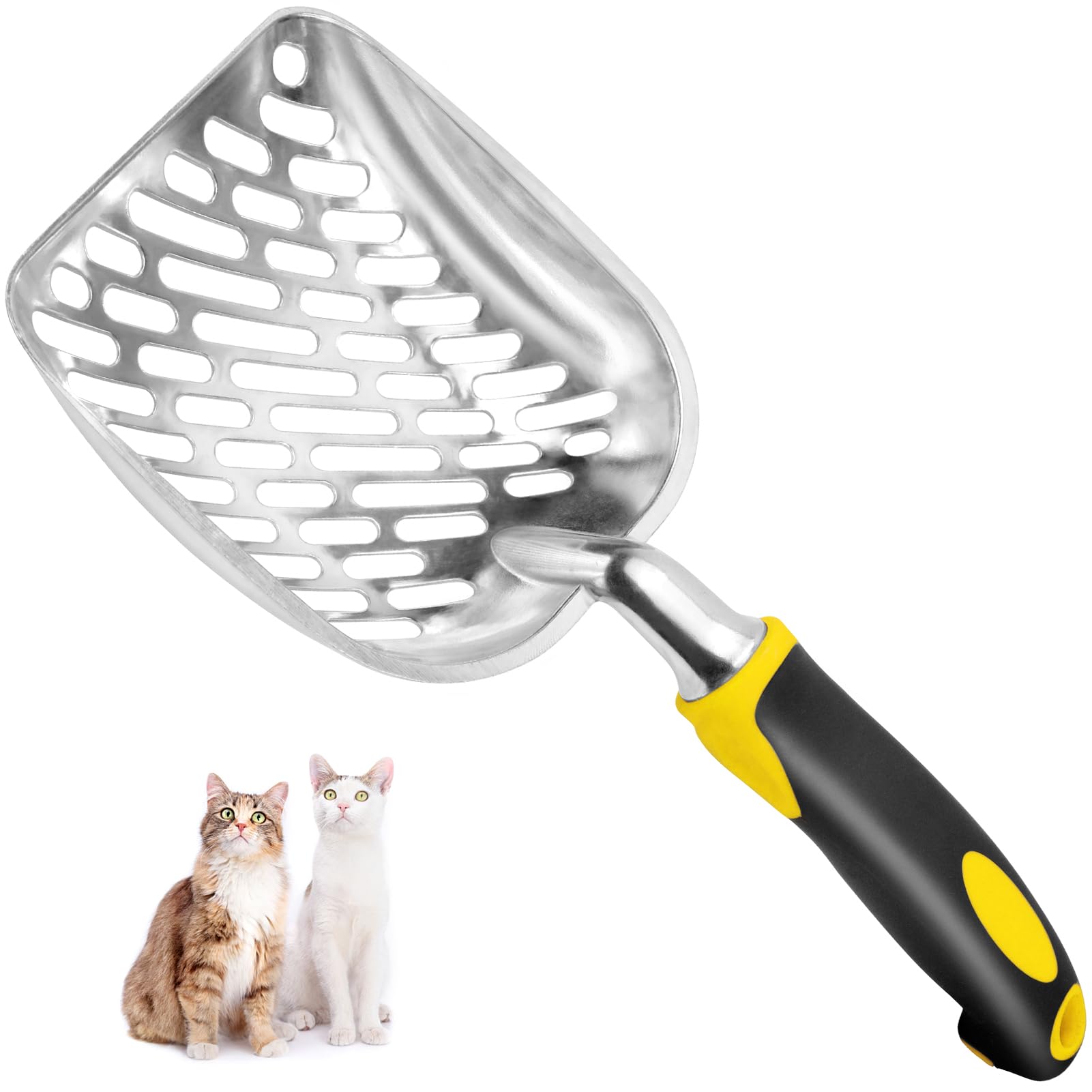 Pala de arena para gatos, pala de metal con mango largo, pala de malla para caca de gato, apta para caja de arena para gatos, color amarillo