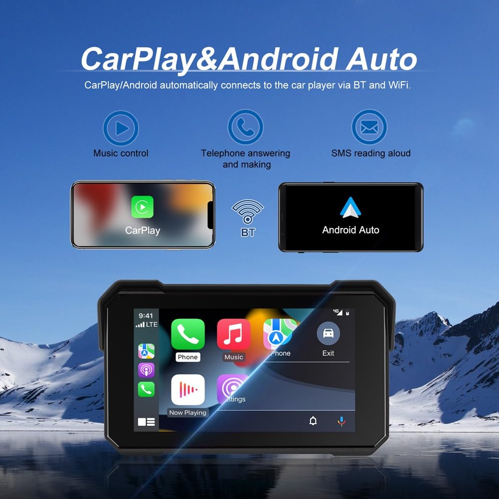 Schermo di Navigazione GPS Portatile per Moto da 5 Pollici, Wireless, Carplay, Android Auto, IP68, Display Impermeabile, Bluetooth