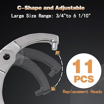 12pcs Adjustable Spanner Wrench Sets with Replaceable Head, C-Shape Pin Hook Wrench Tools for Pipes Heating Cars, Castle Buffer tube Nut Coilover Wrench for Suspension System, 3/4 to 6-1/10