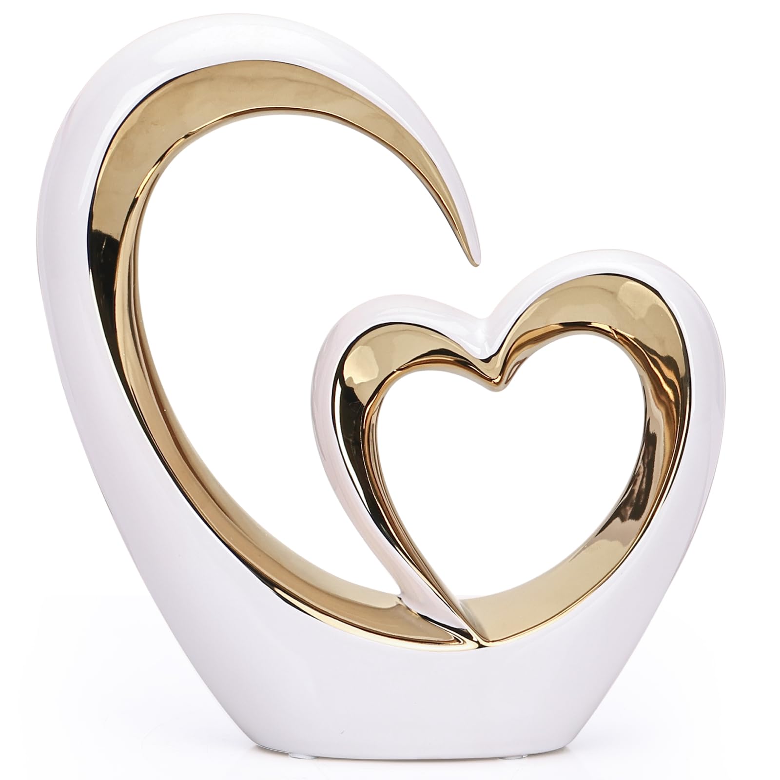 LCCCK Porcelain Double Heart Decor,White and Gold Sculpture Home Decor for Living Room Entryway Coffee Dining Table Shelves, Wedding Anniversary, Valentine's Gift for Couples & Lovers Modern
