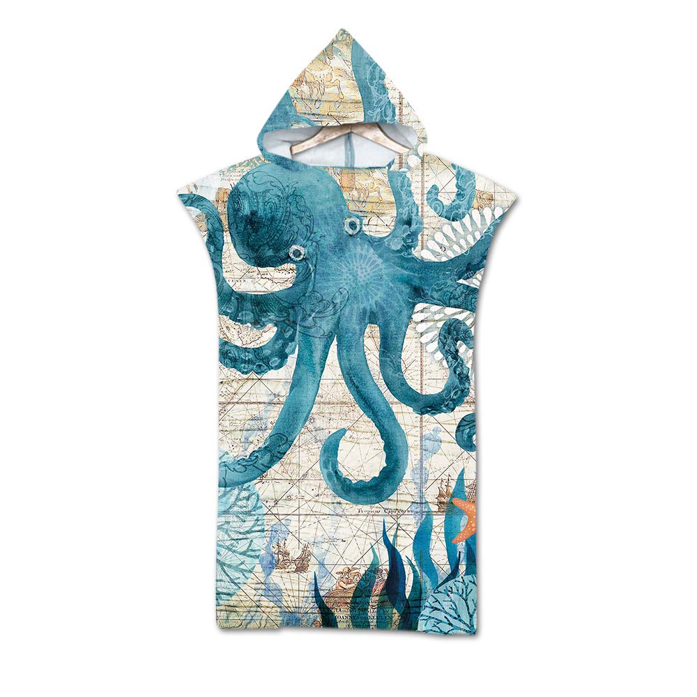 Treer Changing Robe Hooded, Adult Marine Life Poncho Towel Microfibre Quick Dry Light Weight Towel for Women Men Beach Swimming Surfing Wetsuit Changing Camping Travel (75x110cm,Octopus)