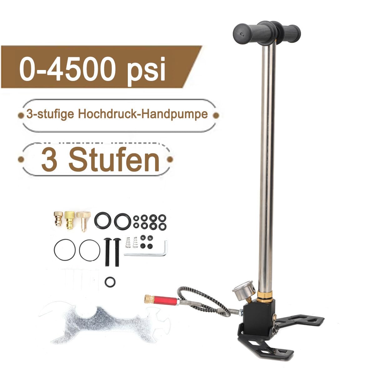 3-Stufige Luftpumpe PCP Handpumpe Luftgewehr Pumpe Hochdruckluftpumpe Standpumpe mit Manometer O-Ringen Schlauchlänge, 0-4500psi 30MPa für Minitauchflaschen Tauchflaschen Motorrad Auto Reifen