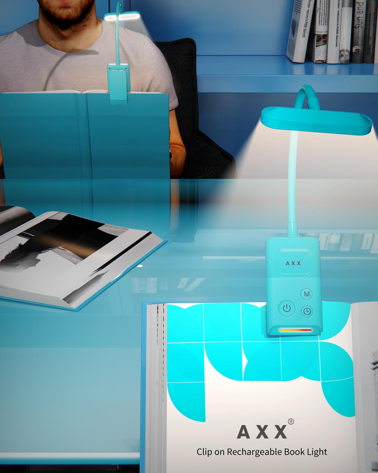 AXX Lampada da lettura ricaricabile per bambini, con clip, a batteria, 1000 mAh, timer da 30/60 minuti, accessori di illuminazione per auto da viaggio di notte, blu nebbioso