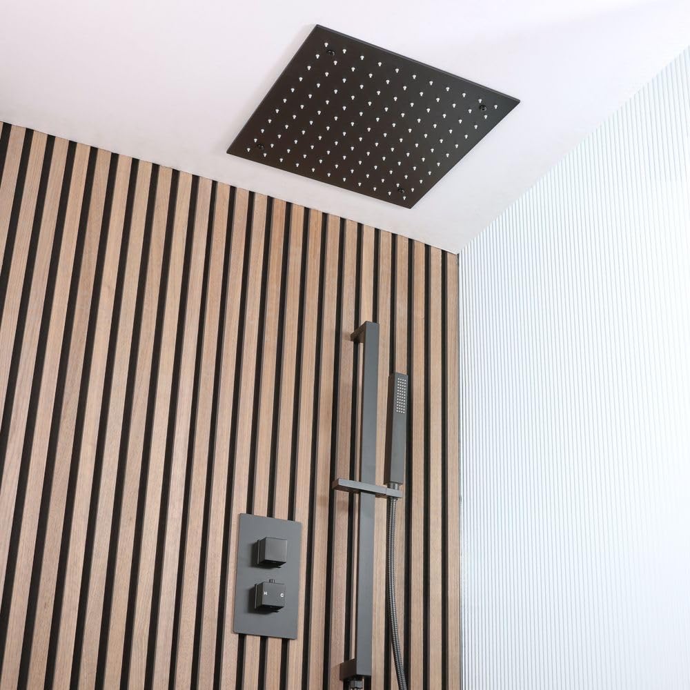 Milano Black Preto Thermostatic Mixer Valve 400Mm Recessed Shower Head Handset Riser Rail