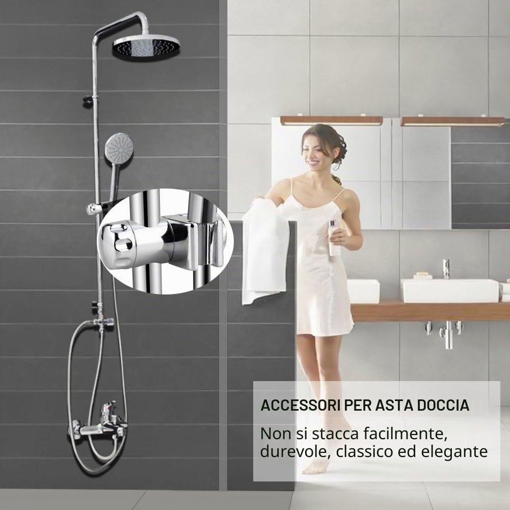 Staffa Supporto Doccia, Ricambio Doccia Orientabile Ricambio Staffa Universale per Soffione Doccino Barra Saliscendi Plastica ABS Diametro 25 mm Finitura Cromata