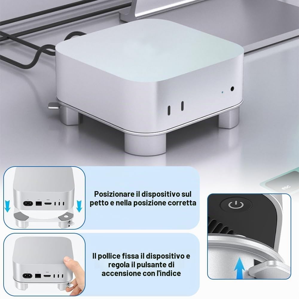 Supporto per Mac mini M4, Supporto in Alluminio per Mac mini M4 e M4 Pro, Mac Mini M4 Supporto Raffreddamento Migliorato, Accesso al Pulsante di Accensione, Antiscivolo (Argento)