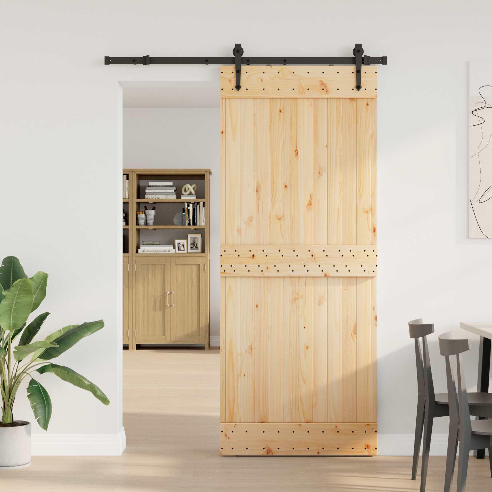 Puerta corredera Narvik natural y negra 152,5 x 210 cm | Madera de pino maciza, guía de acero barnizado en polvo, diseño que ahorra espacio, deslizamiento superior