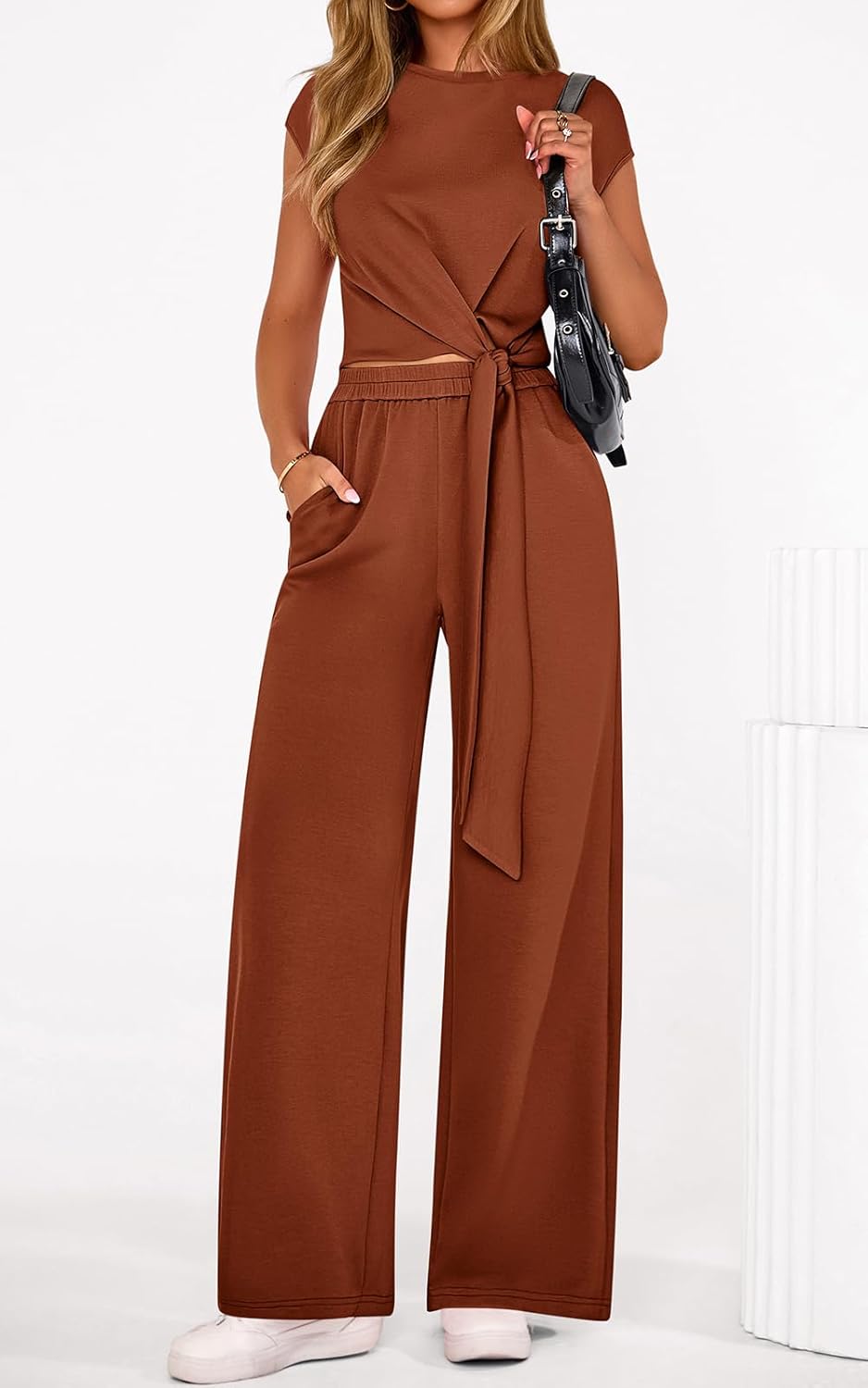 PRETTYGARDEN 2 Piece Lounge Sets For Women 2026 Summer Casual Outfits Cap Sleeve Belted Crop Tops Wide Palazzo Leg Pants - Image 5