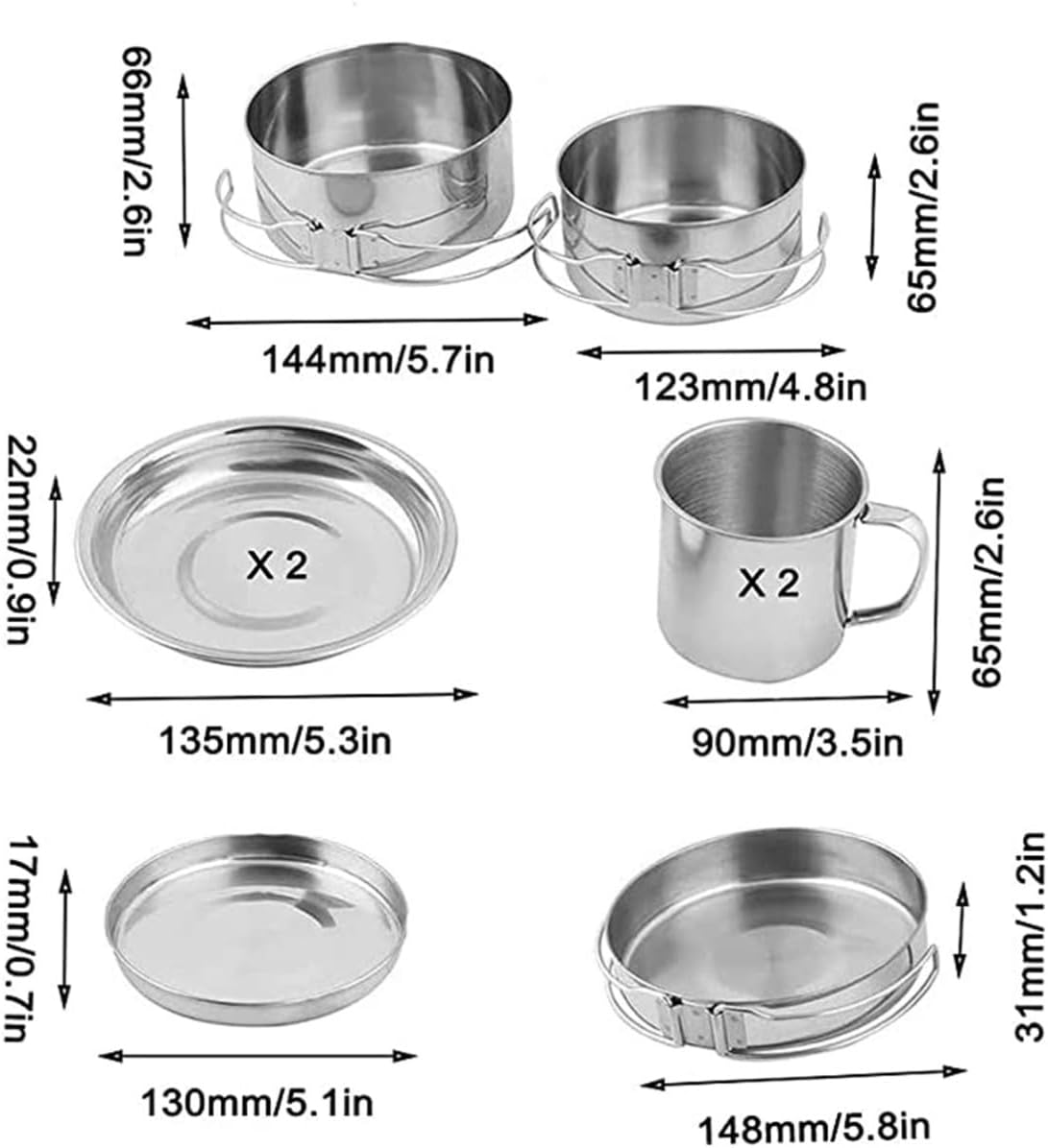 LABRIMP Stainless Steel Camping Cookware Set with Foldable Handles, Multi-Function Portable Cooking Kit Including Stew Pot, Frying Pan, Plates and Cups for Fishing and Camping Outdoor Use