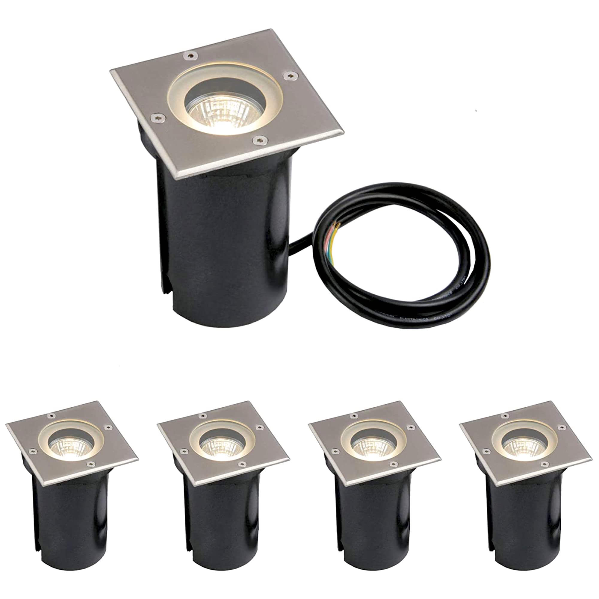 National Lighting Buried Uplighters - Pack of 4 Recessed Ground Lights - IP65 Weatherproof Walk Over Decking Lights - Square Outdoor Lights - 50W 240V Halogen or LED GU10 (Not Included)