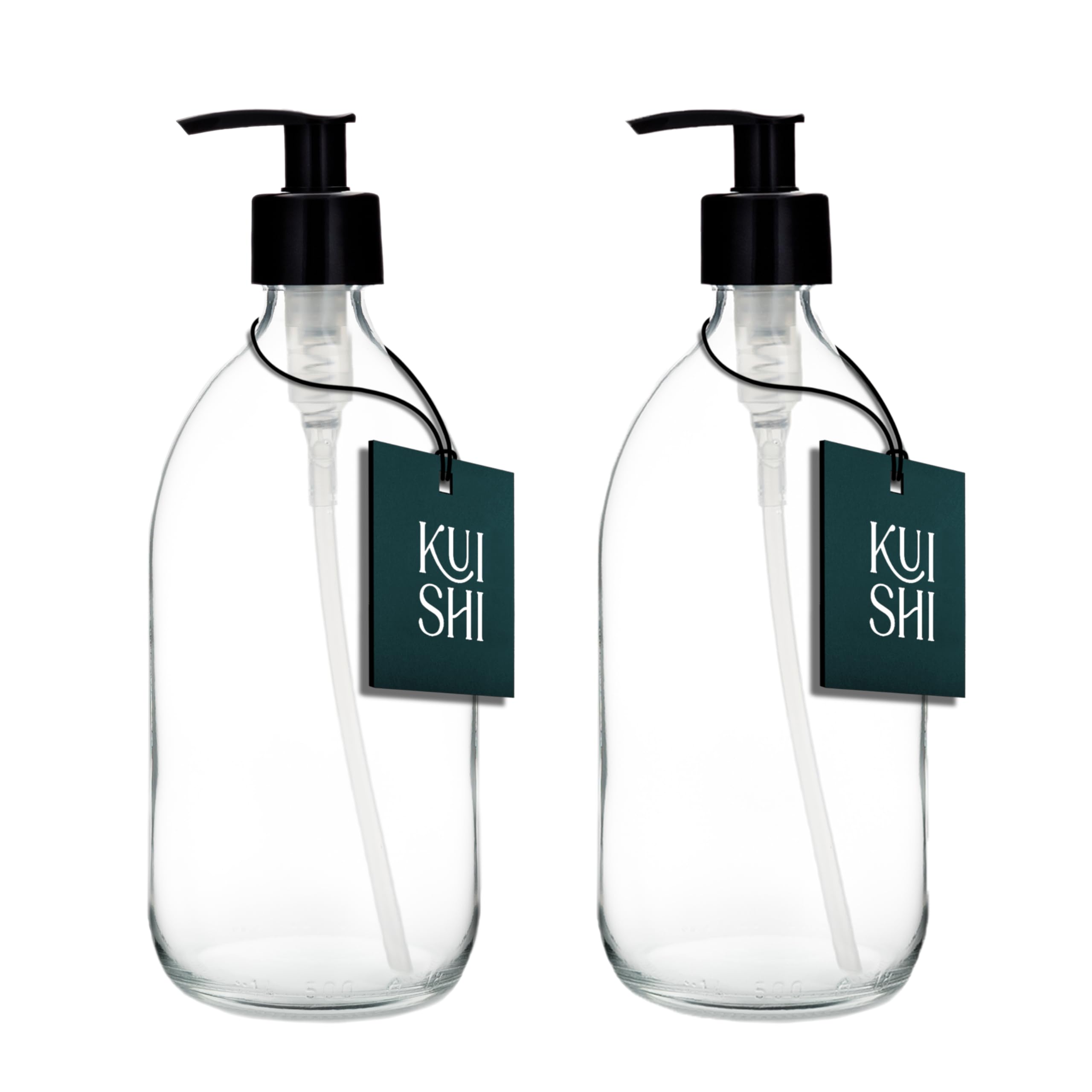 Kuishi Clear 500Ml Glass Soap Dispenser With Black Plastic Pump - Pack Of 2 Refillable Bpa-Free Hand Soap Dispenser For Kitchen & Bathroom,
