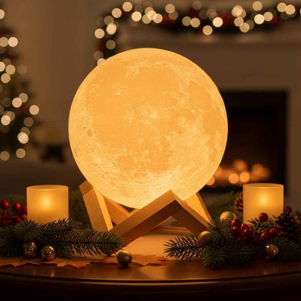 Mydethun Large Moon Lamp - 7.1 Large Thanksgiving & Christmas Table Décor, Gifts for Women and Mom, Touch-Dimmable Lamp with Wooden Base – Rechargeable Dual Color Night Light for Bedroom, Home