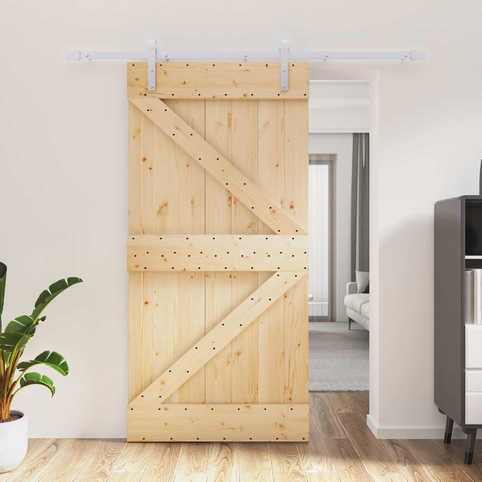 Porta scorrevole in legno di pino massiccio bianco naturale, 100 x 210 cm, con binario in acciaio verniciato a polvere, salvaspazio, per porta interna, divisorio con meccanismo a filo