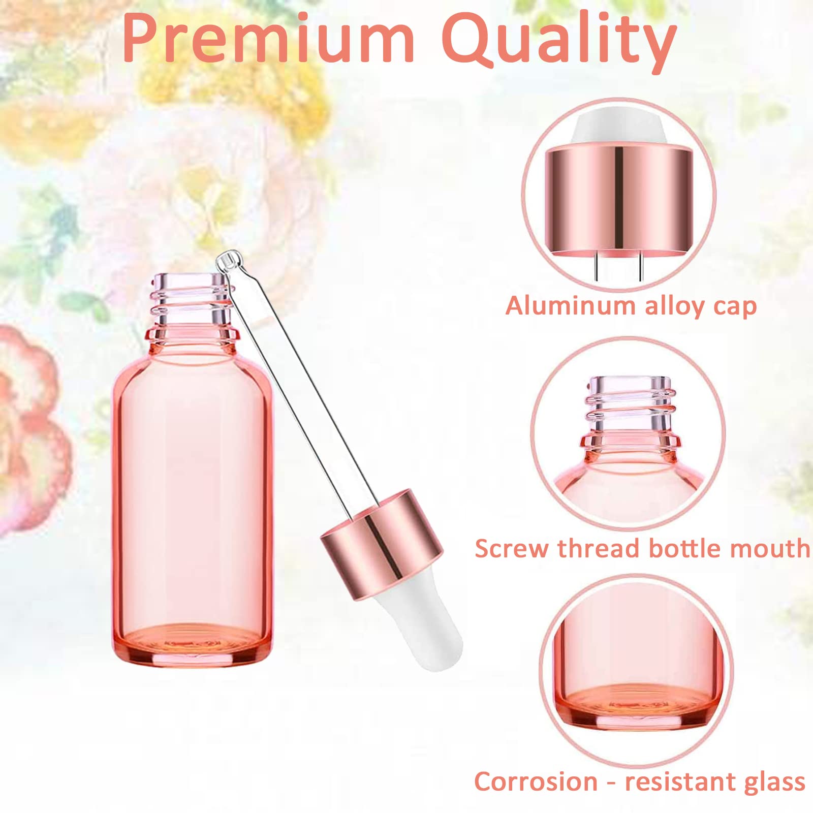 Rowiz 20 flaconi contagocce in vetro color oro rosa da 15 ml, per oli essenziali, profumo, aromaterapia, cosmetici, campioni, con tappo in metallo color oro rosa