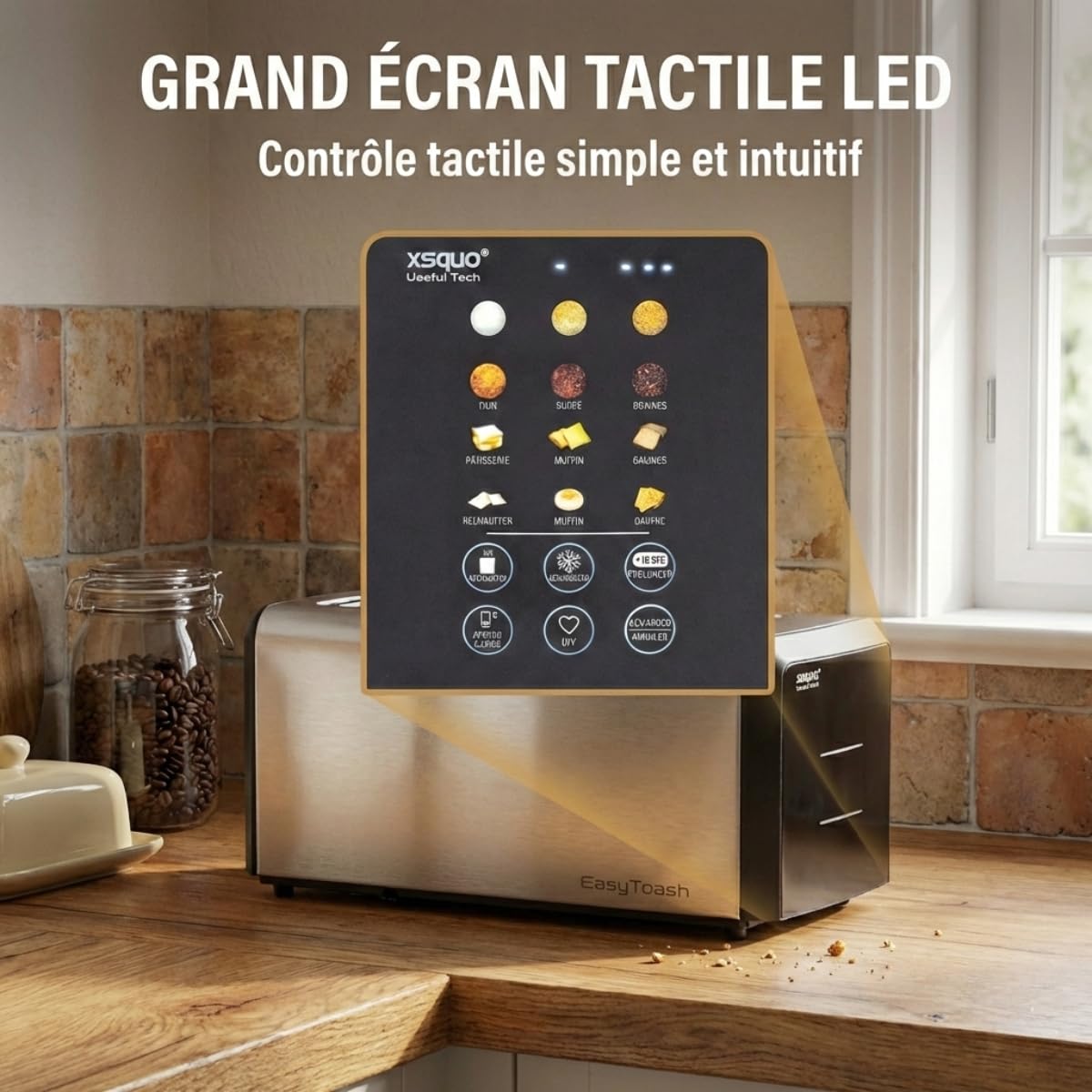 Grille Pain Intelligent avec Écran Tactile Toaster Motorisé (Auto Lift) Fente Longue 26cm Baguette Inox 6 Niveaux Dorage Décongélation Réchauffage Compte à Rebours Support Viennoiserie Ramasse Miettes