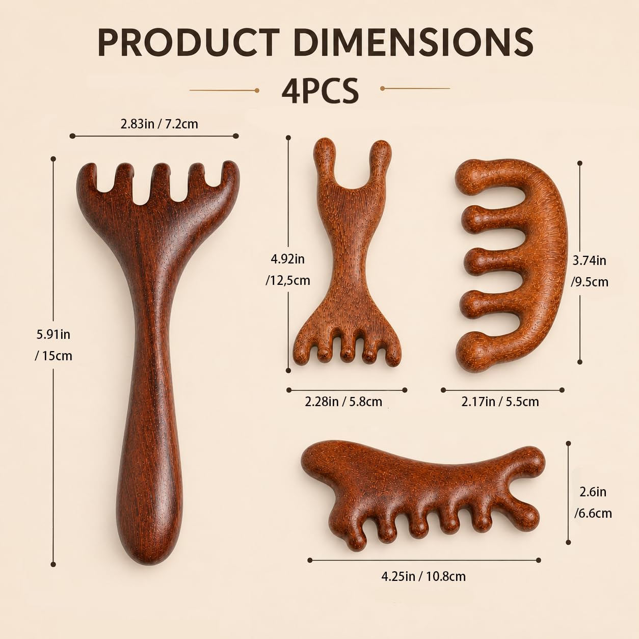 4PCS Peignes de Massage, Peignes en Bois Naturel Dents Larges Antistatiques, Brosse pour Cuir Chevelu et Corps, Outil Relaxant Ergonomique pour Cheveux, Cou, Épaules, Homme et Femme