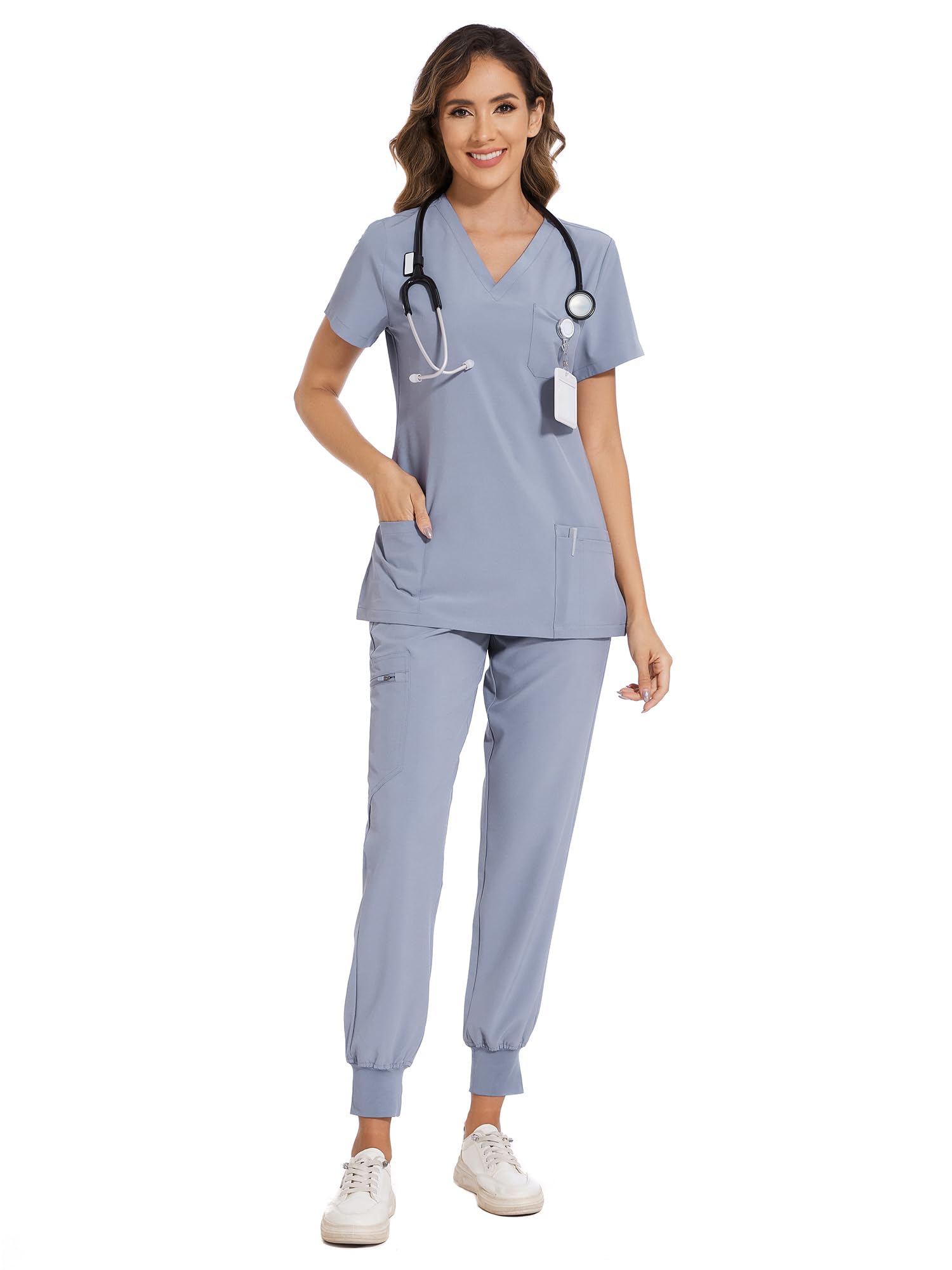 COZYFIT Scrubs for Women Set - Stretch V-Neck Scrub Top & Jogger Pant with 8 Pockets