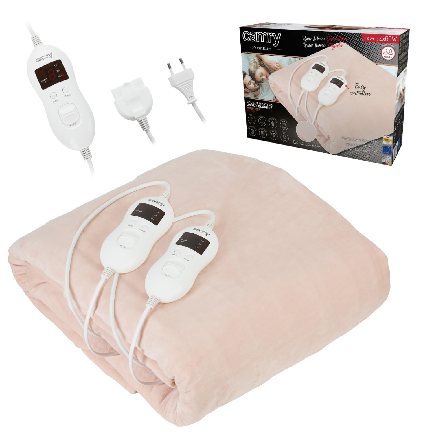 Camry CR 7424 Calienta Camas Eléctrico Doble 150 x 160 cm 8 Niveles Temperatura, Temporizador, Lavable, Forro Polar Beige, 120W