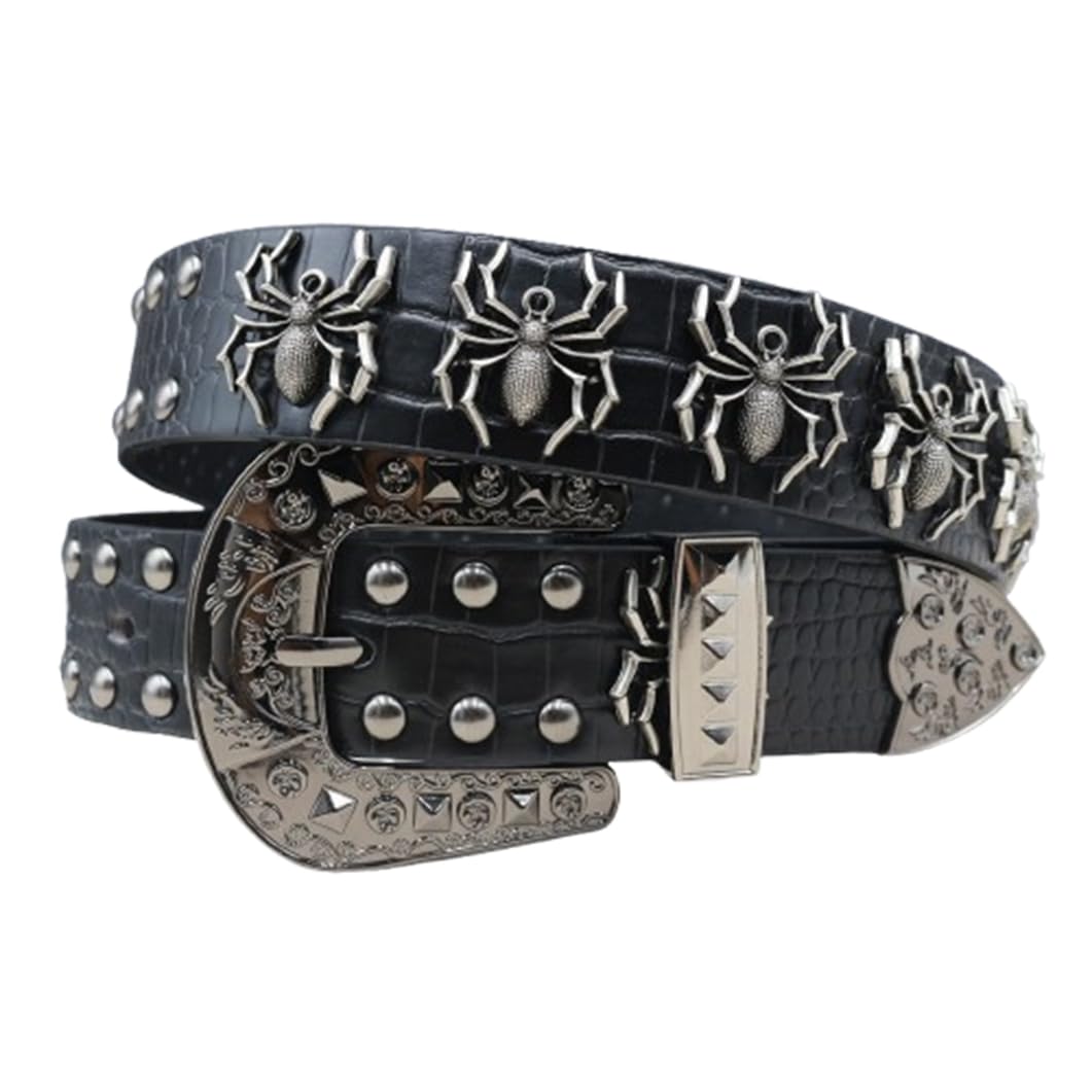Agutalithic Men's Black Studded Belt Punk Spider Round Rivets Crocodile Pattern Waistband Engraved Western Flower Buckle For Jeans Pants(105Cm/41, )