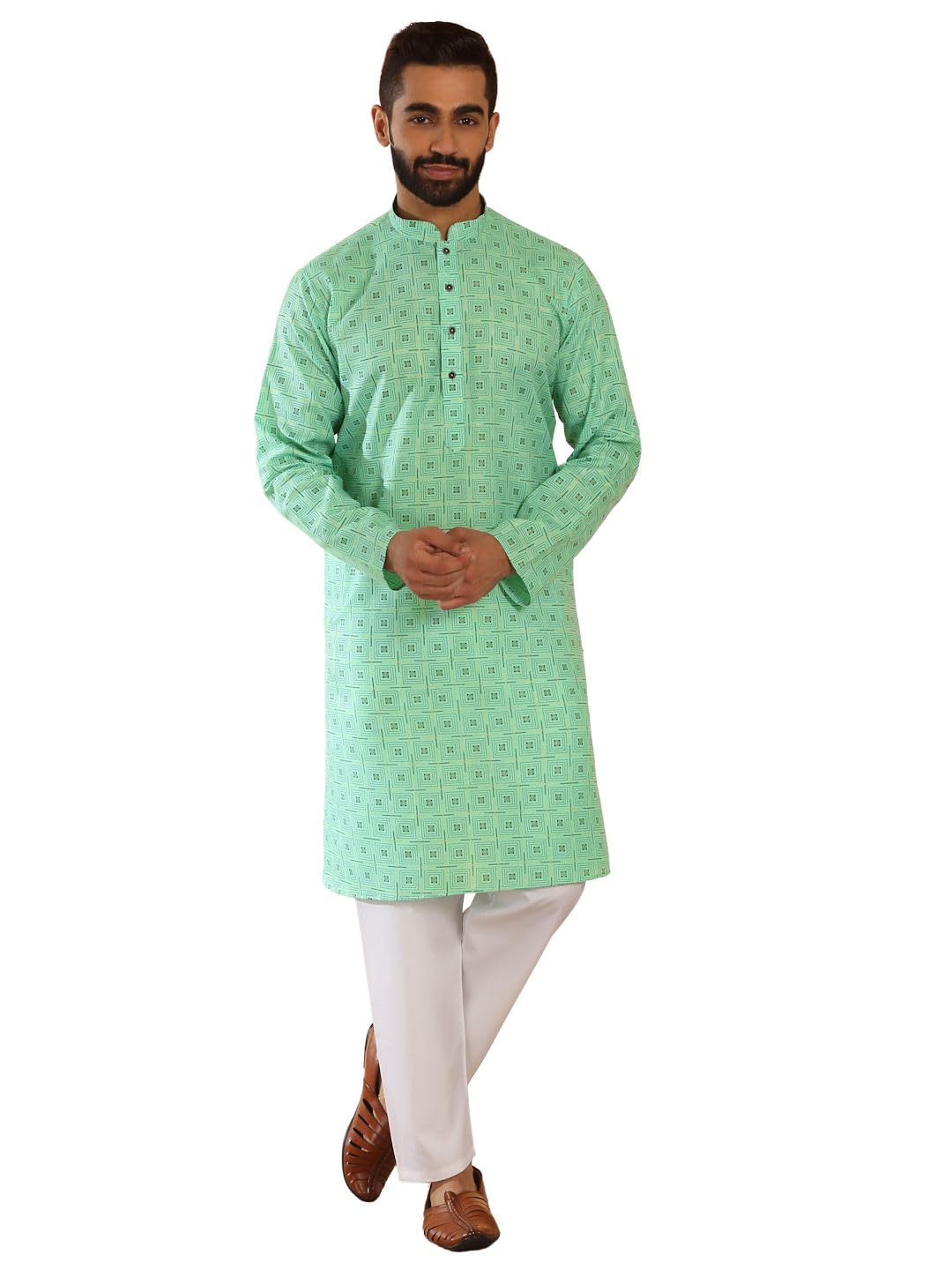 Men's Cotton Blend Geometric Printed Straight Long Regular Kurta and Elastic Waistband Pyjama Set-image-14