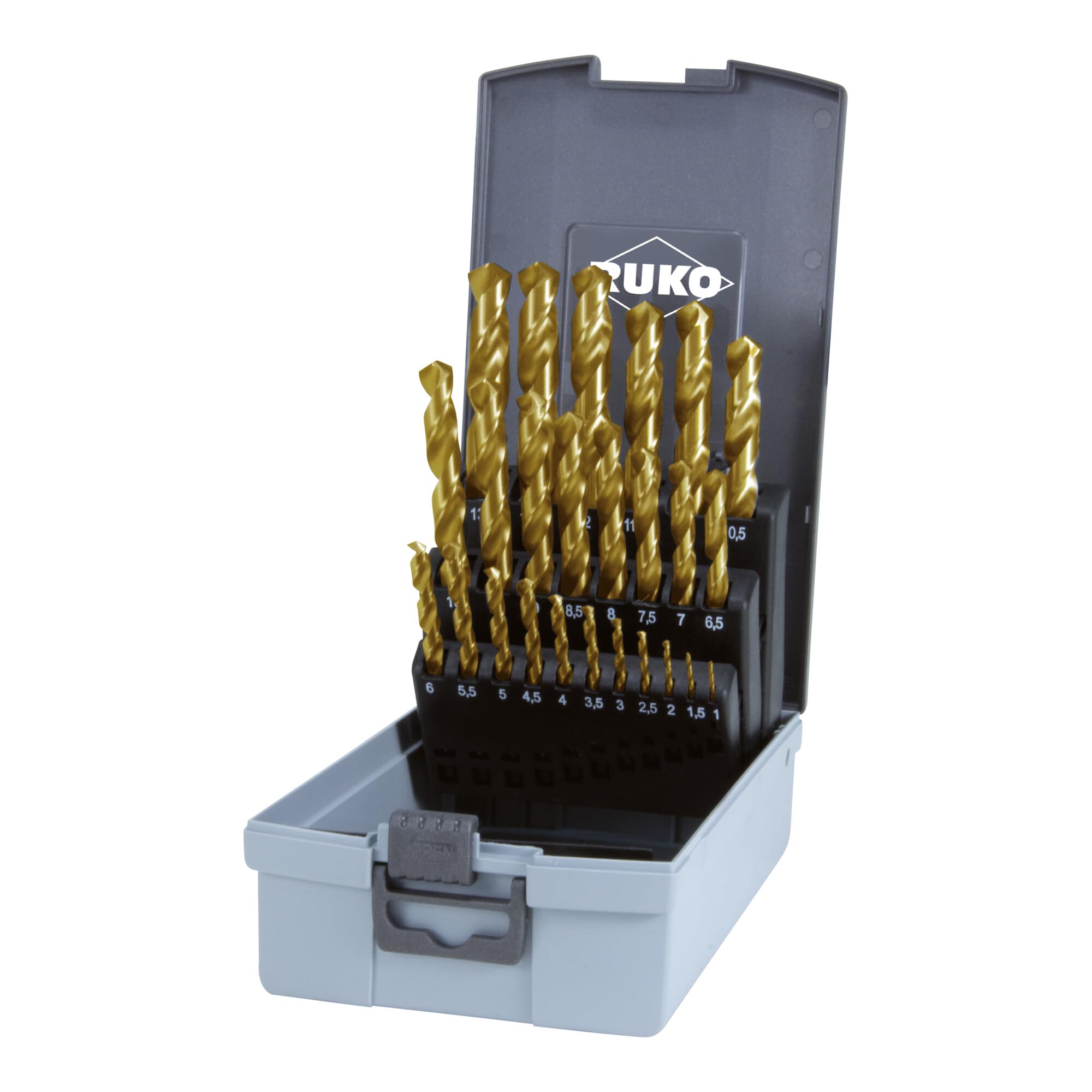 RUKO HSS-G Spiralbohrersatz in Kunststoffkassette, DIN 338, Typ N, verzinnt, 25-teilig, R250215TRO