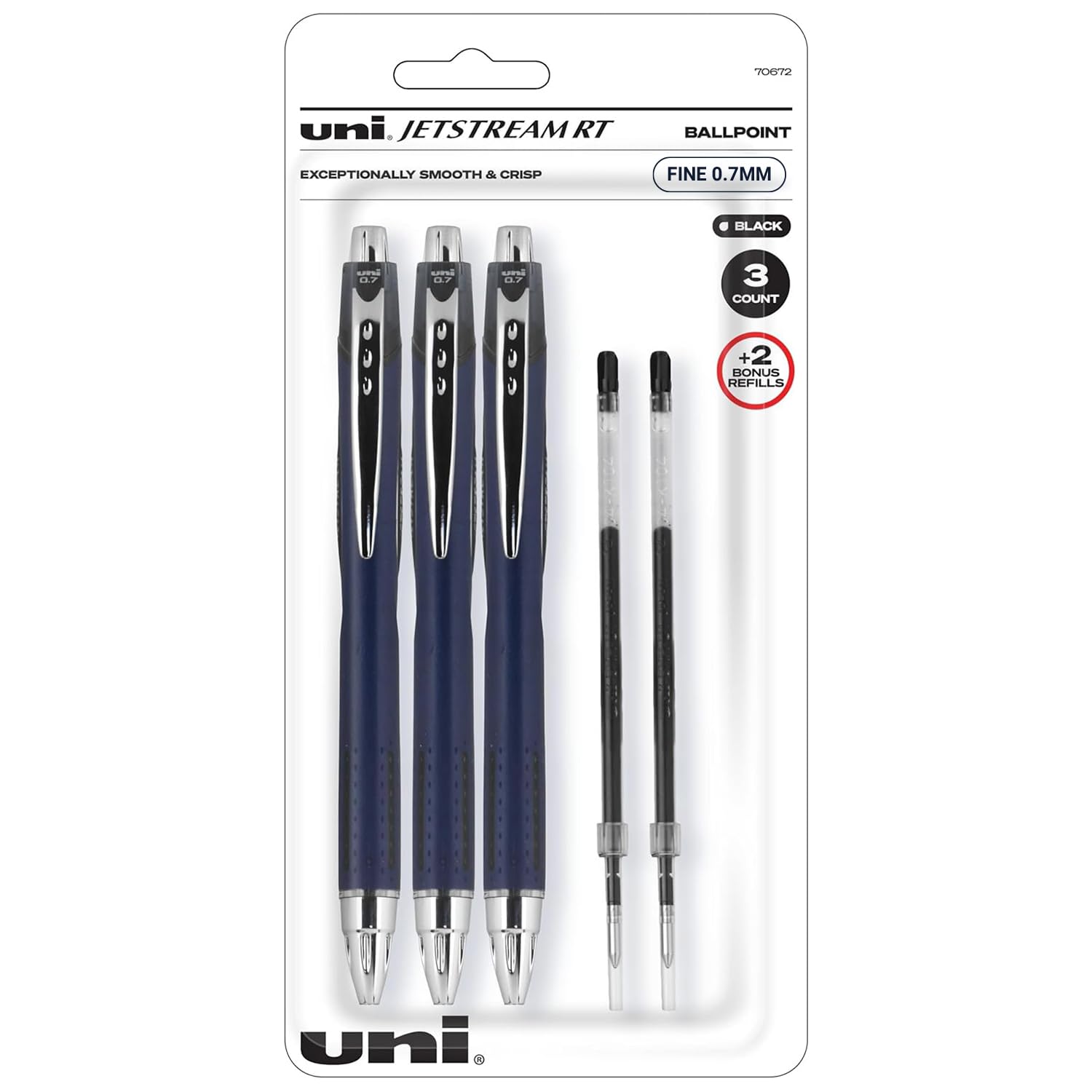 Uniball Jetstream RT Pens, 0.7mm Fine Ballpoint Tip, Black Ink, 3 Pack + 2 Refills
