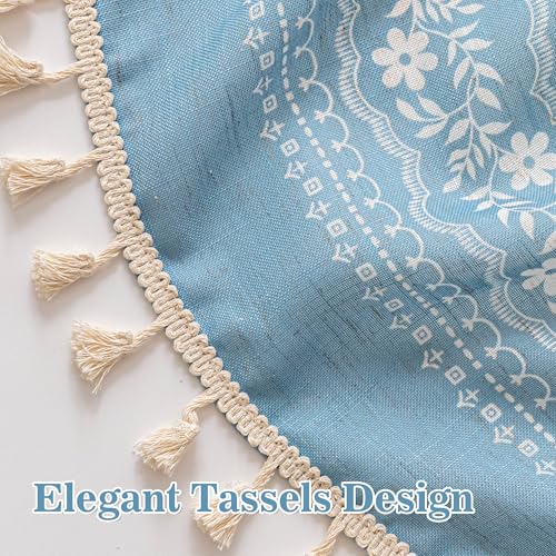 Image of MYSKY HOME Short Boho Floral Tier Curtains 30 Inch Length for Cafe 2 Pcs | Linen Blend Semi Sheer Drapes Rod Pocket Light Filtering with Tassels for Cafe Bathroom over Sink, Dusty Blue, 26 inch Wide