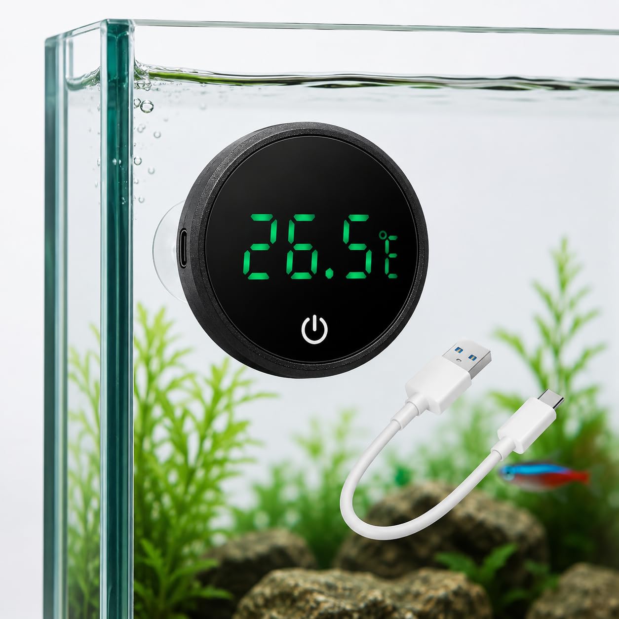 Aquarium Digital Black LED Thermometer Fish Tank Stick-on – USB-C Rechargeable (1 Pack)
