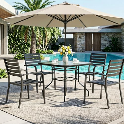 Image of VINGLI Glass Patio Table with Umbrella Hole, 32 inch Square Outdoor Dining Table Steel Tempered Glass Patio Tables Outdoor Tables for Balcony Garden Deck
