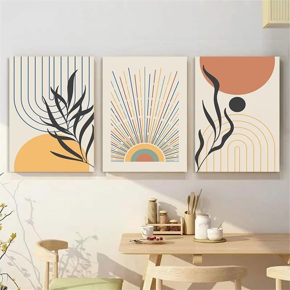 Wbyzac Multicolored Botanical Posters-Boho Line Geometric Wall Art Colourful Modern Poster Abstract Leaves Canvas Painting Home Living Kitchen Office Room Decoration-60 * 70Cm*3Pcs (No Frame)