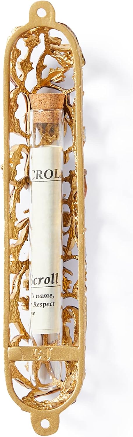 Grapes on Vine Mezuzah Case 6" Décor for Home Door Enamel Made from Strong Materials and Embellished with Crystals Cover for Hebrew Scroll Parchment Handmade Art (Gold | White)