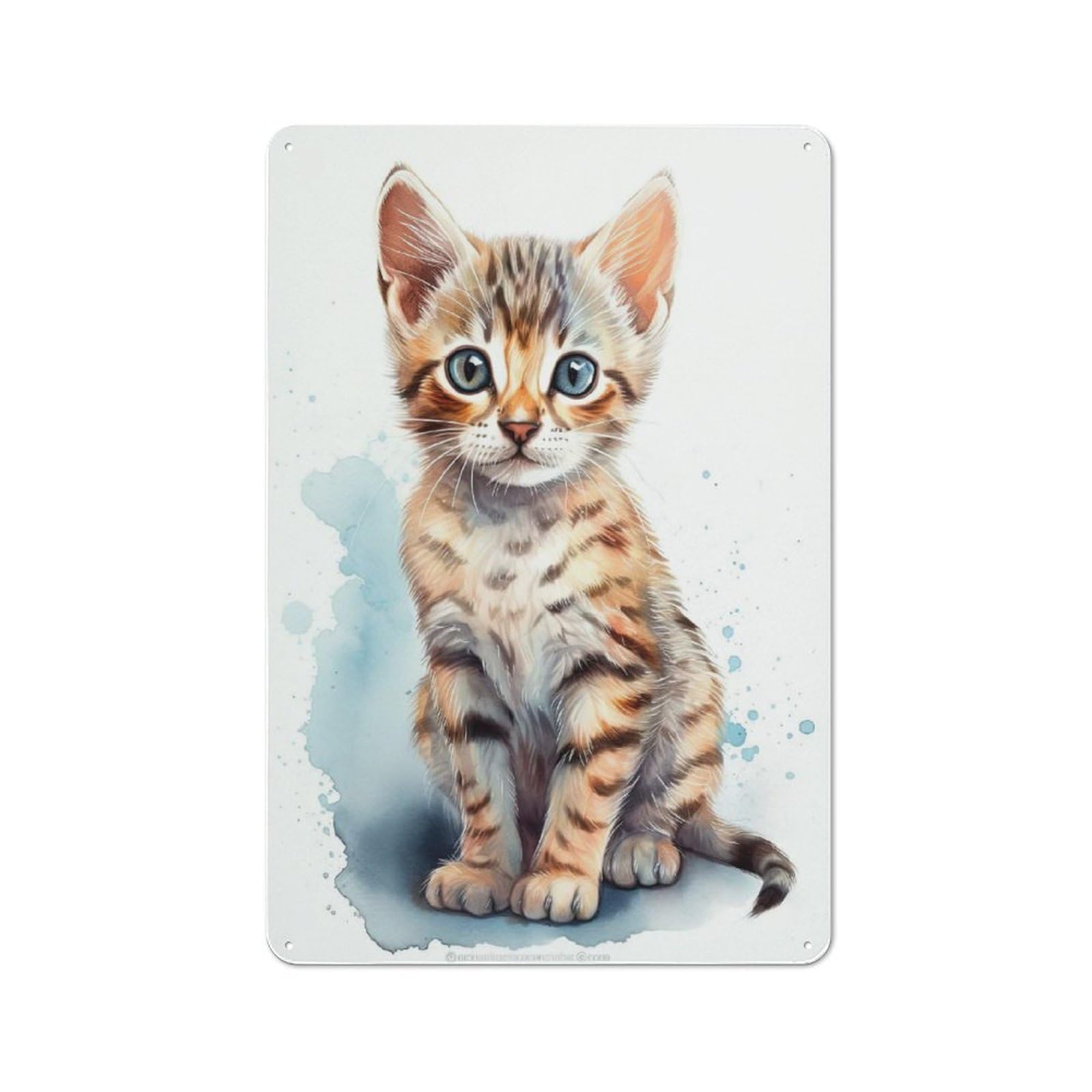 Junmoney Style-7 Metal Plaque With Watercolor Bengal Cat Art Design 30X20cm, Cosy Diner Style Decor For Coffee Bar, Kitchen, Bistro Or Tea Corner