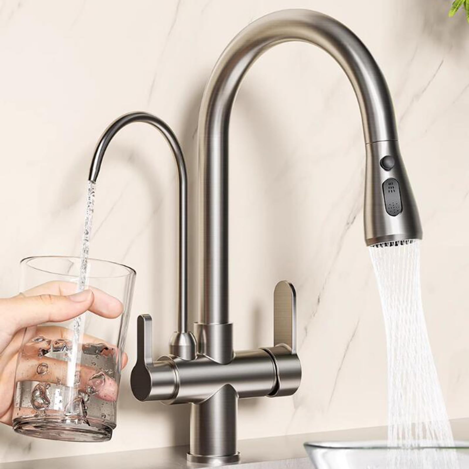 Robinet cuisine 3 voies laiton brossé pour un nettoyage facile du plan