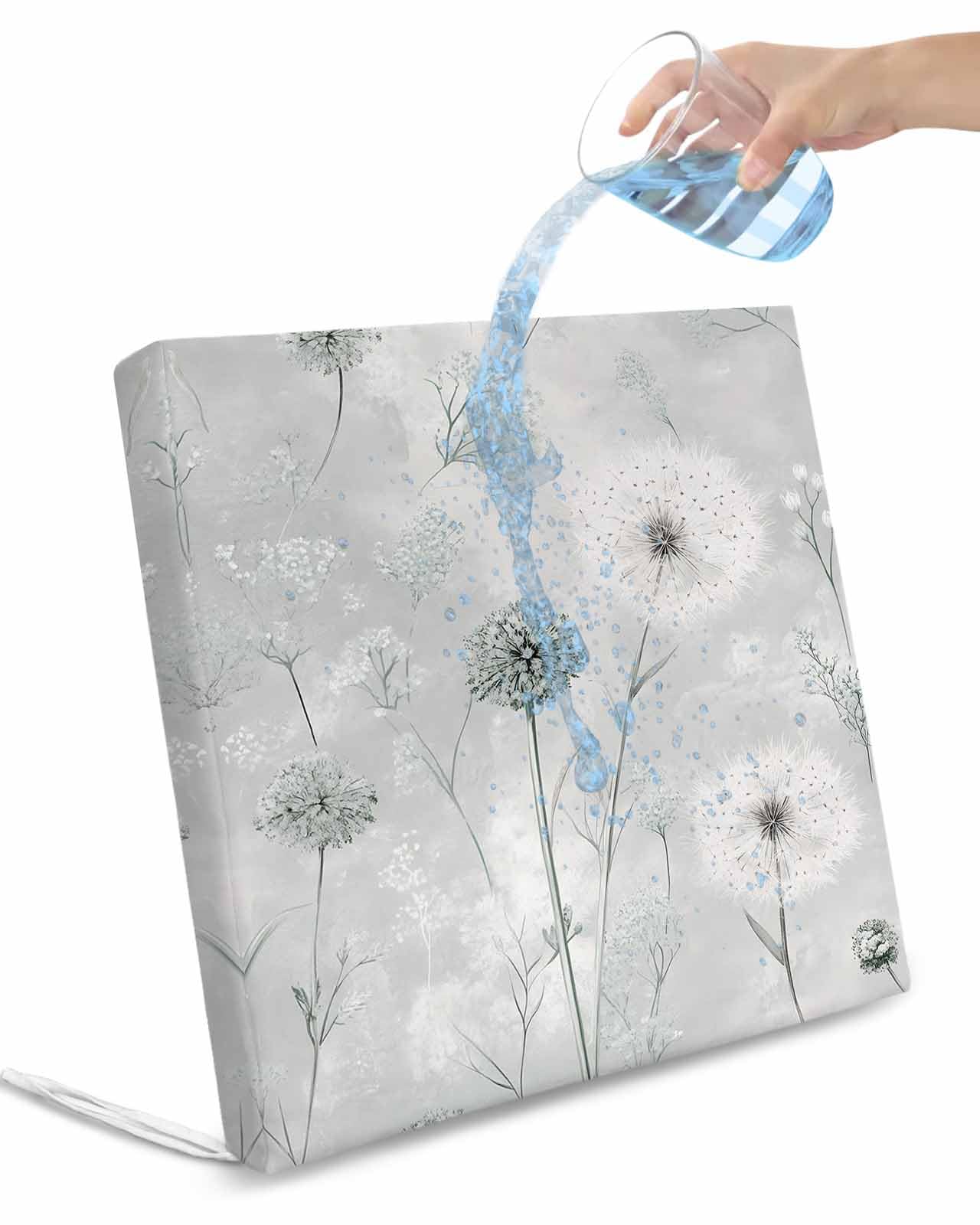 2 Pack White Green Dandelion Waterproof Cushion Covers with Ties, Outdoor Patio Chaise Lounge Chair Seat Cushion Slip Covers Replacement(Only Cover) Grey Floral Leaves 20