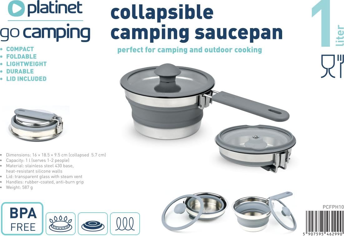 PCFPH10 Faltbarer Camping-Silikontopf mit langem Griff, 1 Liter – Grau