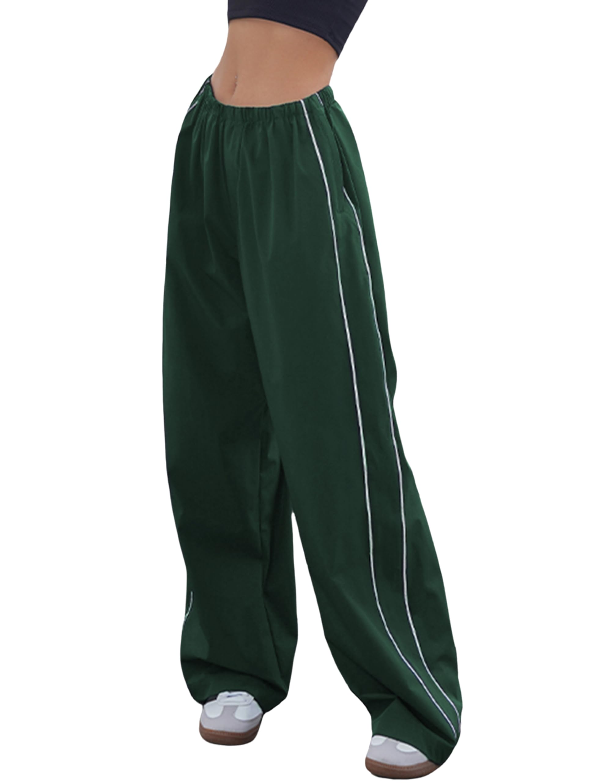 Aedceal Women's Parachute Pants Baggy Track Y2K Black Elastic Waist Wide Leg Trousers