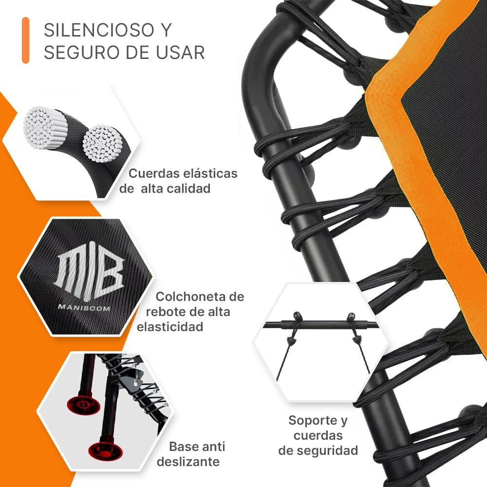 ManiBoom Trampolin Fitness Adultos Ø105cm con 2 Cintas de Resistencia y Agarre Regulable 150kg de Carga - Cama Elastica Jumping Plegable para Interior y Exterior FACIL Montaje