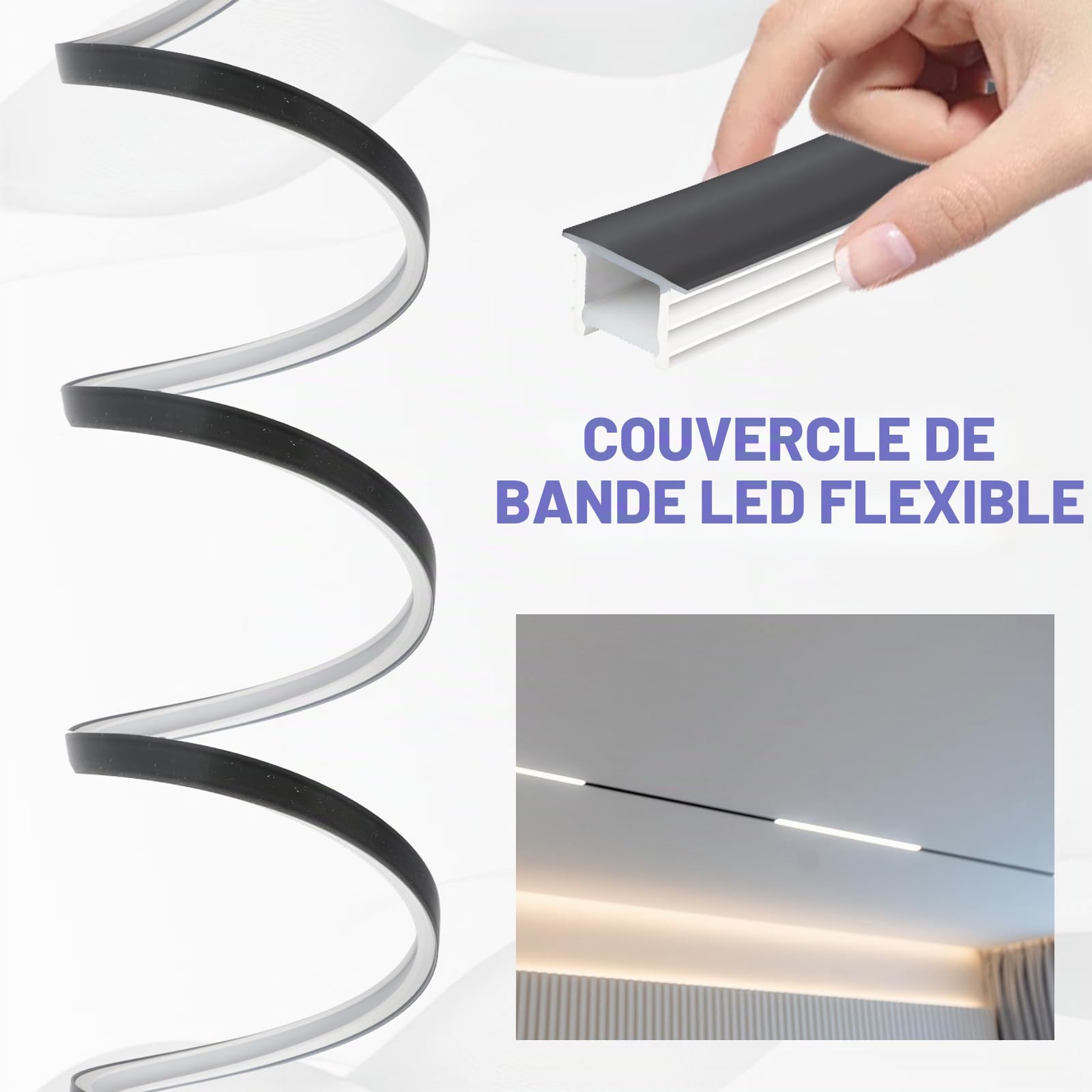 Profilé LED en silicone noir, bande LED flexible pour panneau acoustique, plafond, mur, armoire (bande LED non incluse) (15 x 10 mm, 5 m)