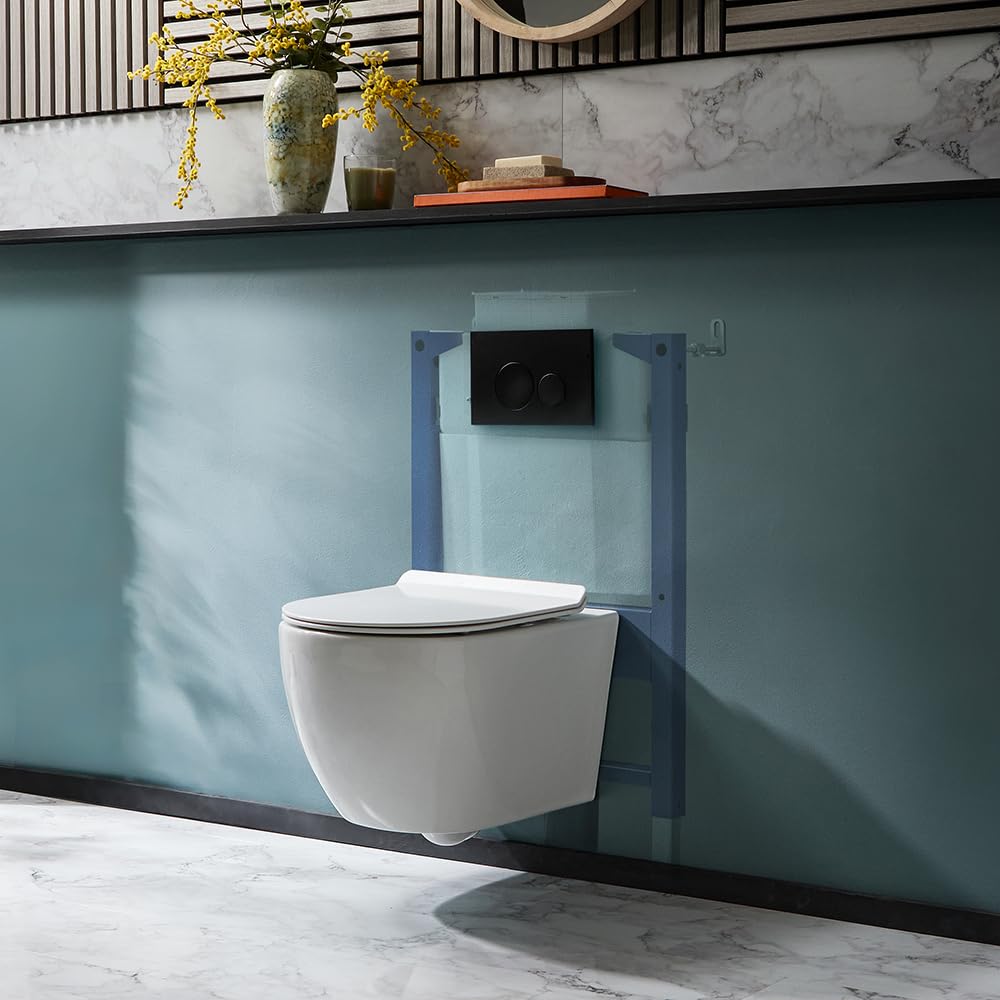 Milano Overton Wall Hung Rimless Toilet Short Frame Dual Flush Cistern - Black Round Plate