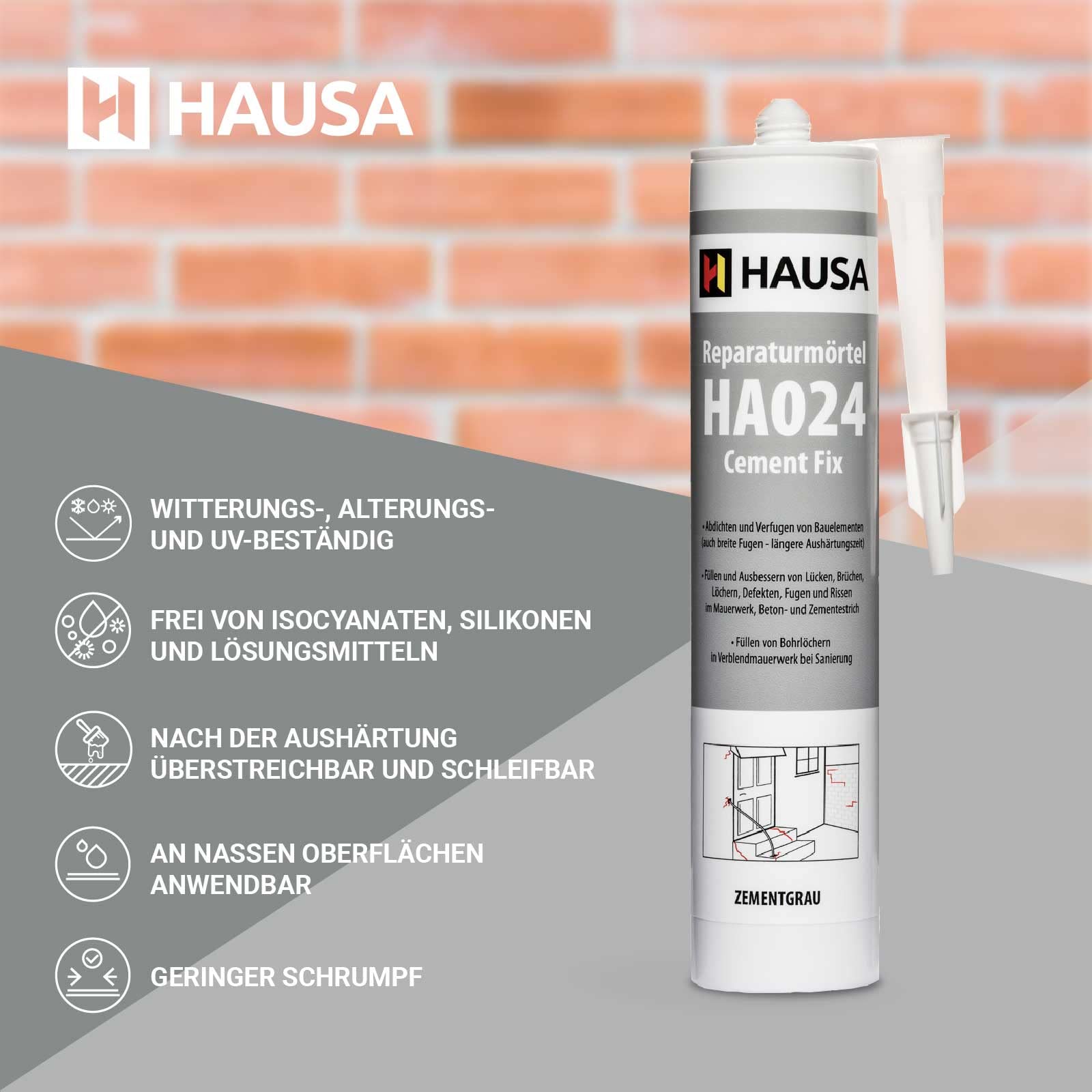 HAUSA Malta di riparazione Cement Fix HA024, 5 x 310 ml, grigio cemento, pronto all'uso per stuccatura, riempimento di fughe, rotture, cemento espresso per interni ed esterni, sigillante