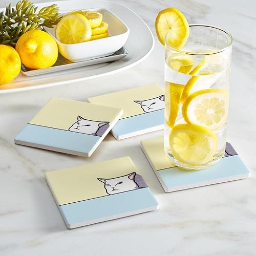 Miniatura 2 de Juego de 4 posavasos para gatos Meme 3, decoración del hogar, 4 posavasos de cerámica, 4 pulgadas cuadradas, respaldo de corcho antideslizante,