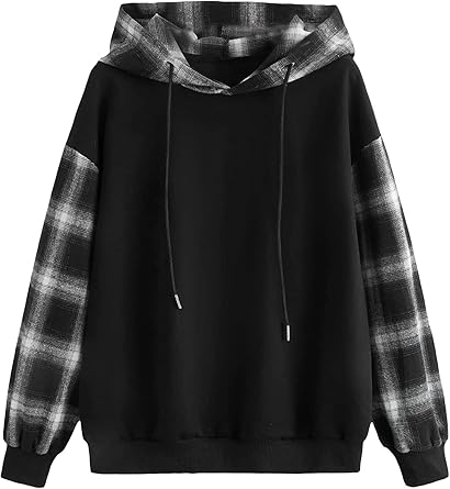 Verdusa Women's Colorblock Plaid Long Sleeve Drawstring Hoodie Top Sweatshirts Black M