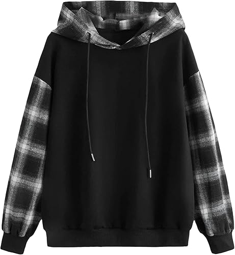 Verdusa Women's Colorblock Plaid Long Sleeve Drawstring Hoodie Top Sweatshirts Black M