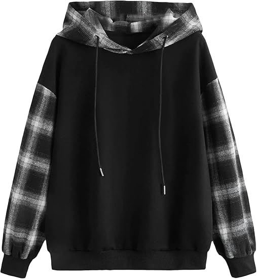 Verdusa Women's Colorblock Plaid Long Sleeve Drawstring Hoodie Top Sweatshirts Black M