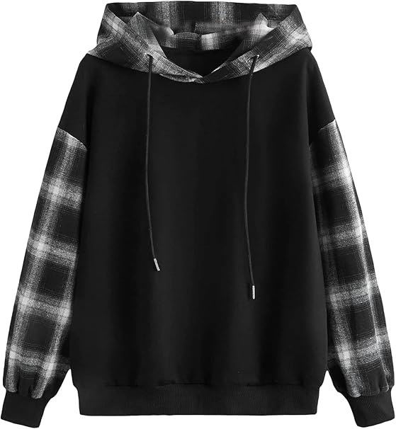 Verdusa Women's Colorblock Plaid Long Sleeve Drawstring Hoodie Top Sweatshirts Black M