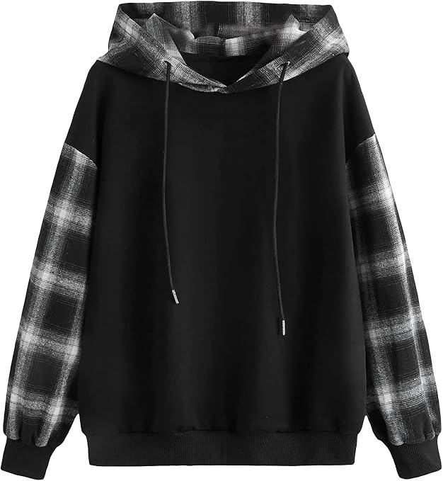 Verdusa Women's Colorblock Plaid Long Sleeve Drawstring Hoodie Top Sweatshirts Black M