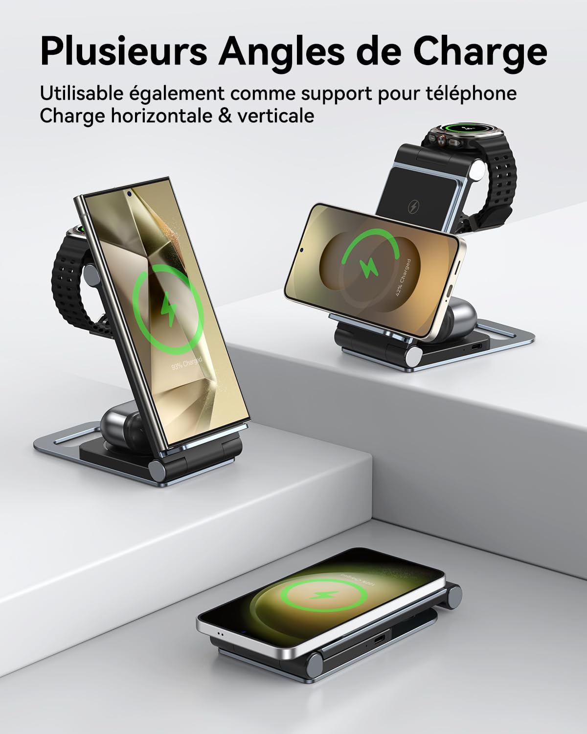 Chargeur Induction 3 en 1 pour Samsung S25 Ultra S24 S23 Z Flip Z Fold 6 5 Pliable Chargeur Rapide sans Fil pour Galaxy Watch 7/6/5 Pro/4/3, Station de Charge pour Galaxy Buds 2 Pro/5 Ink Blue