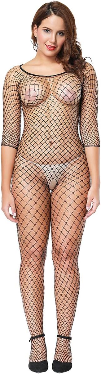 Women's Long Sleeves Fishnet Bodystocking Plus Size Full Net Lingerie Crotchless Bodysuit Tights (Black 2Piars, Plus)